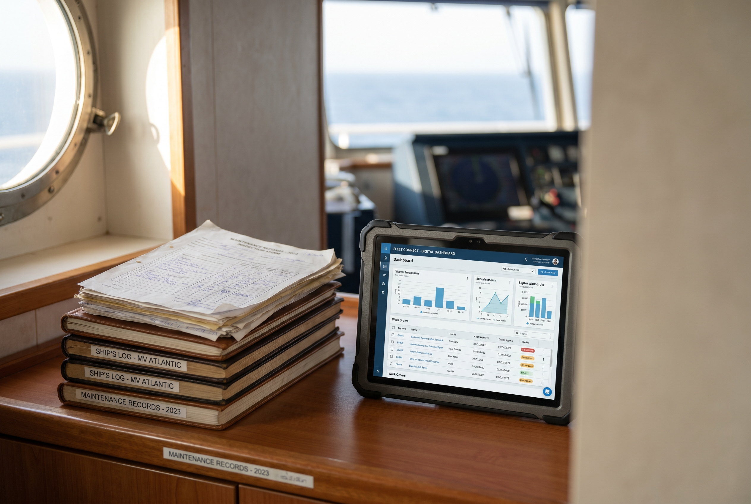 Worn ship's logbooks and paper maintenance records beside a rugged tablet running Ara on a vessel's bridge